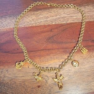 Kirks Folly Double Link Gold Tone Metal Chain 5 Charm Necklace, Cherub, Castle